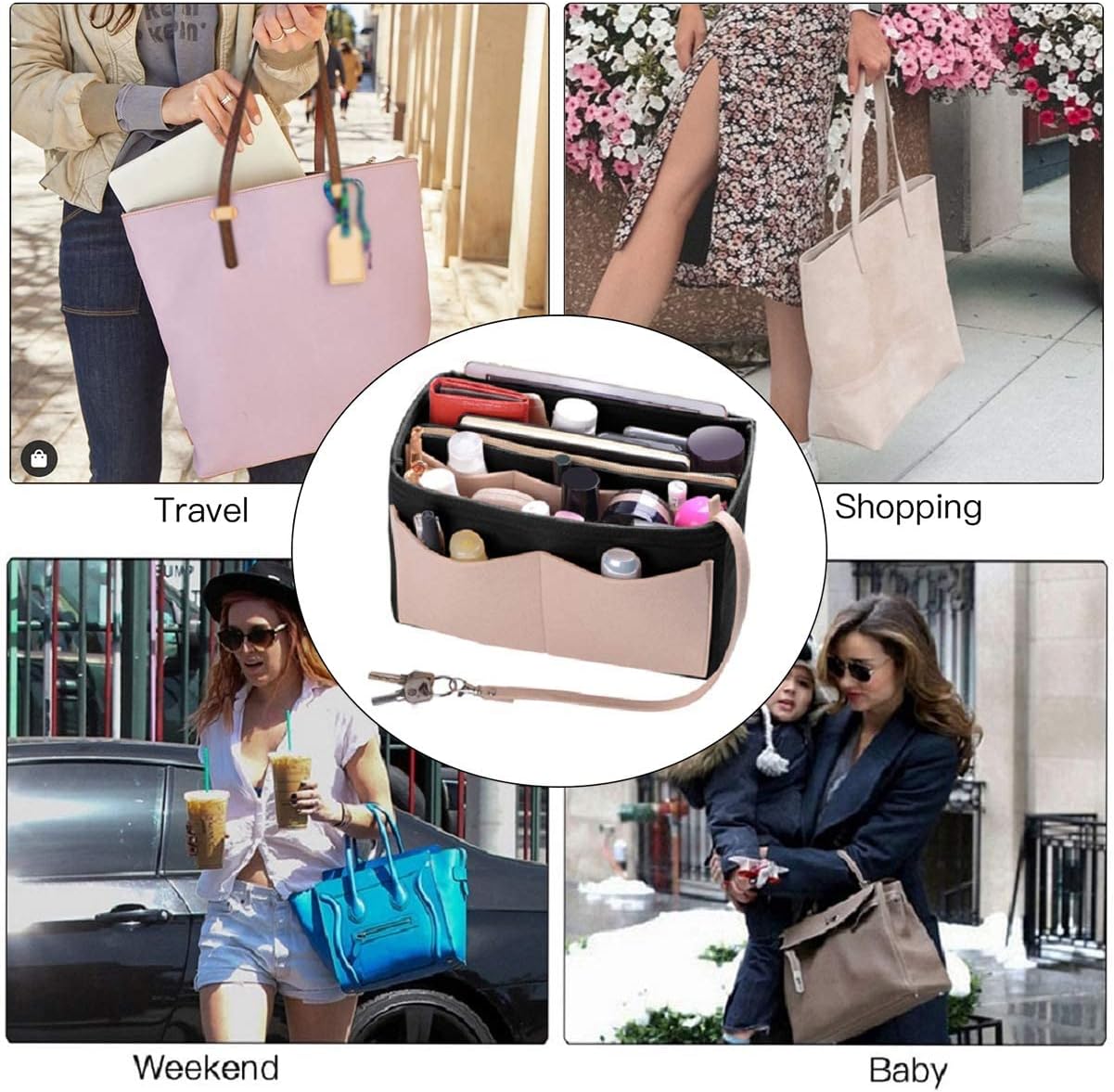 Medium Size Maximize Handbag Functionality: Felt Organizer Insert with Metal Zipper for Tote and Speedy Bags - Beige and Black