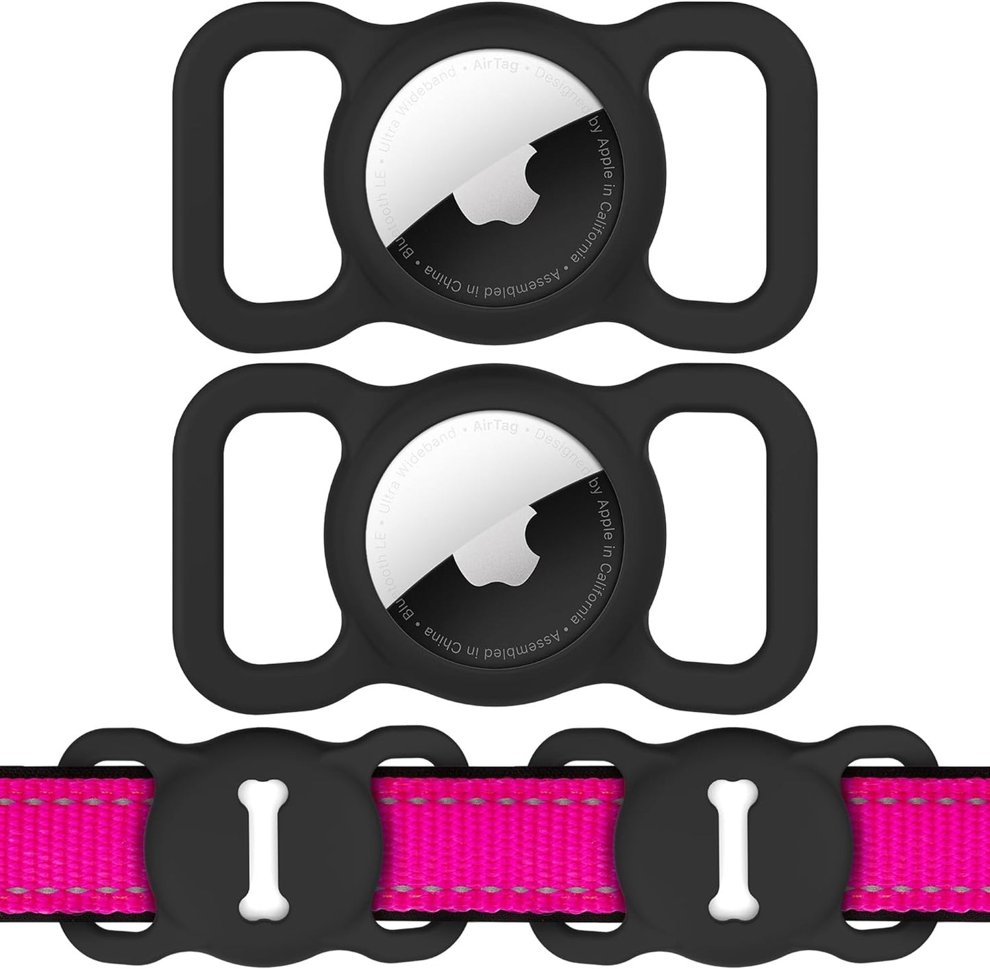 Silicone AirTag Holder for Dog Collars, Washable Pet Tracker Accessory, Bone Pattern – 2 Pack