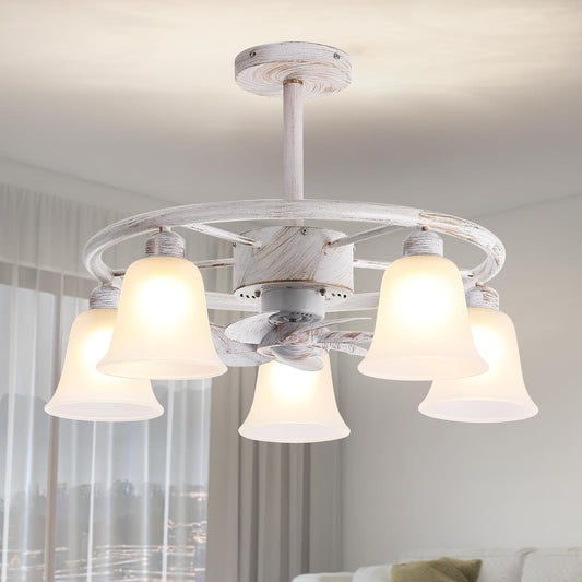 25" Matte White & Gold Ceiling Fan with Lights & Remote - Modern Farmhouse Style