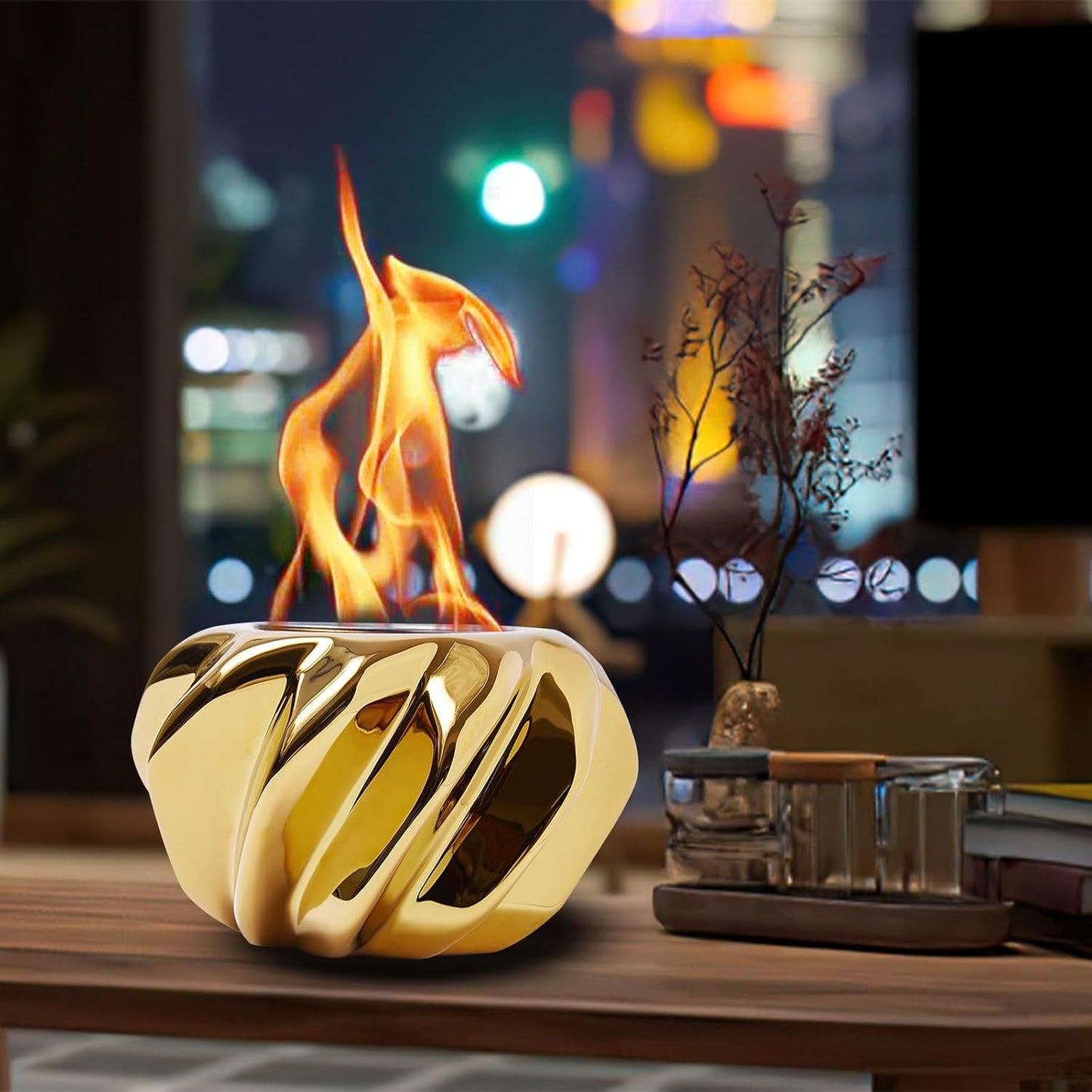 Compact Golden Tabletop Fire Pit - Perfect for Indoor & Outdoor Decor, Smoke-Free & Portable
