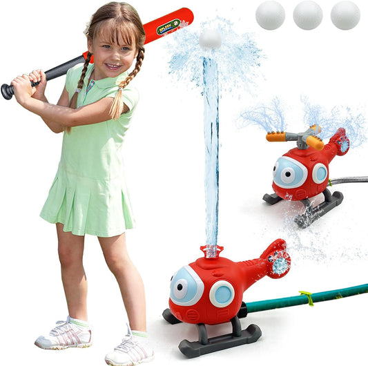 Water Spray Sprinklers & T-Ball Set for Kids - Backyard Spinning Airplane Sprinkler, Sprays Up to 8 Feet High