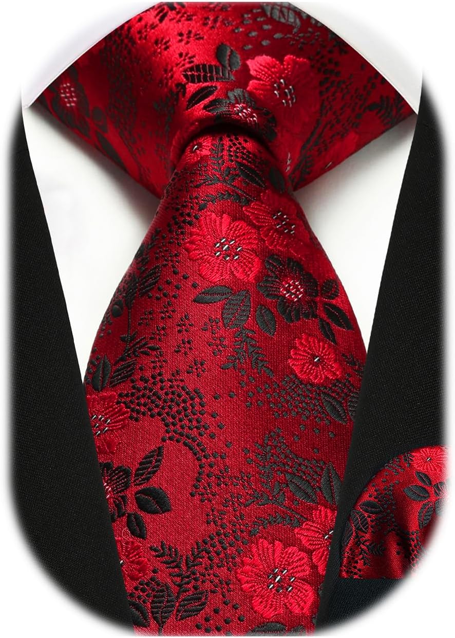 Burgundy Floral Silk Tie & Handkerchief Set for Men - Perfect for Formal Events & Holidays