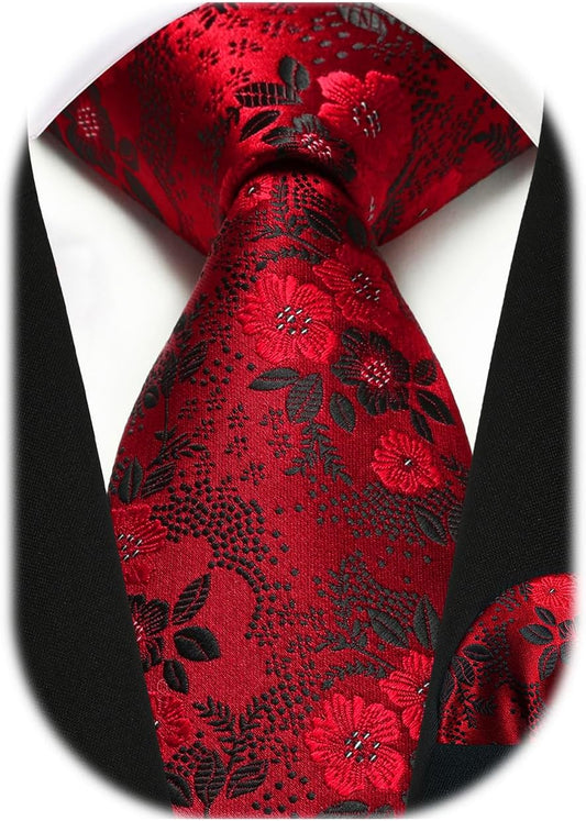 Burgundy Floral Silk Tie & Handkerchief Set for Men - Perfect for Formal Events & Holidays