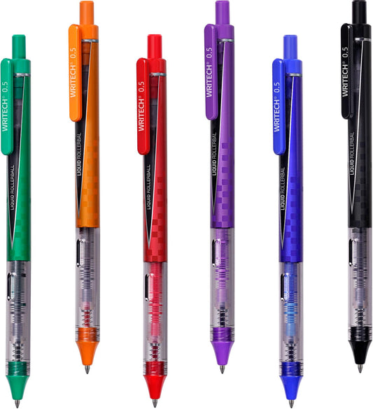 Liquid Ink Rollerball Pens, 0.02 in (0.5 mm) Fine Point, Retractable, Assorted Colors – Smooth Twin-Ball Nib, Quick-Dry, Silent Click, 6 Count