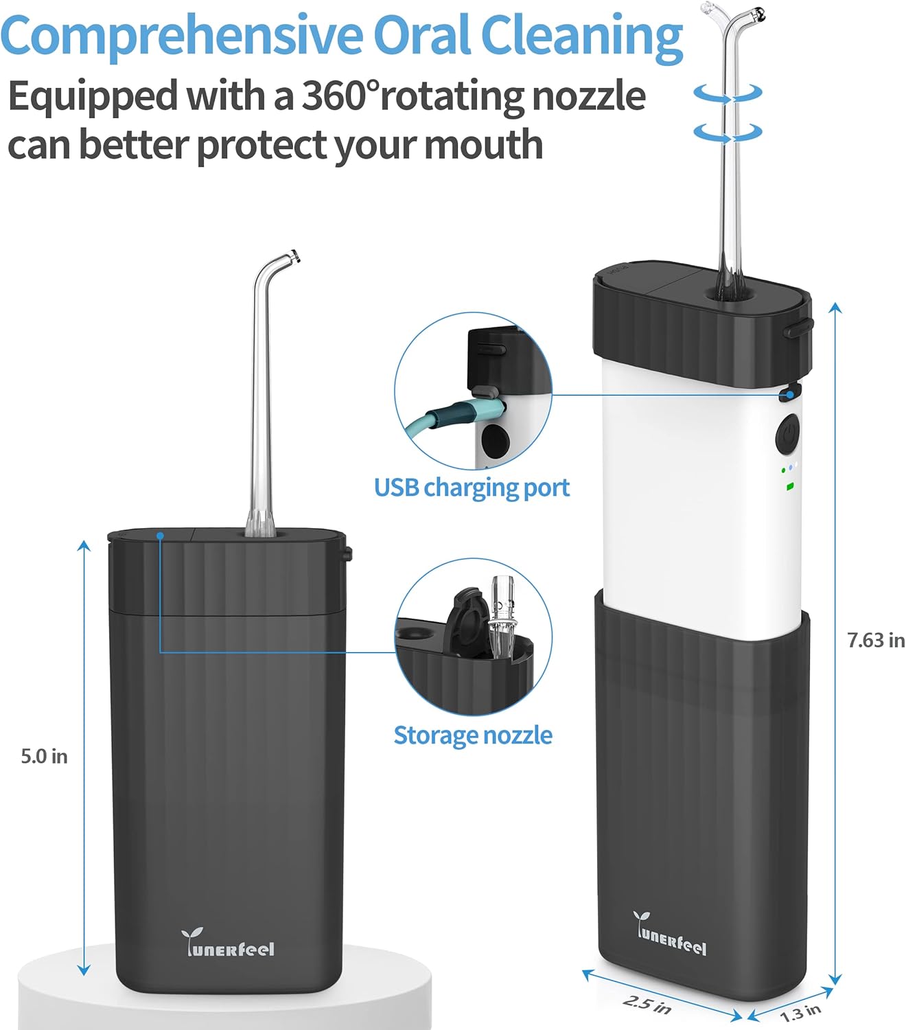 Black Portable Water Flosser with Retractable Tank – 3 Modes, 5 Tips, Long Battery Life