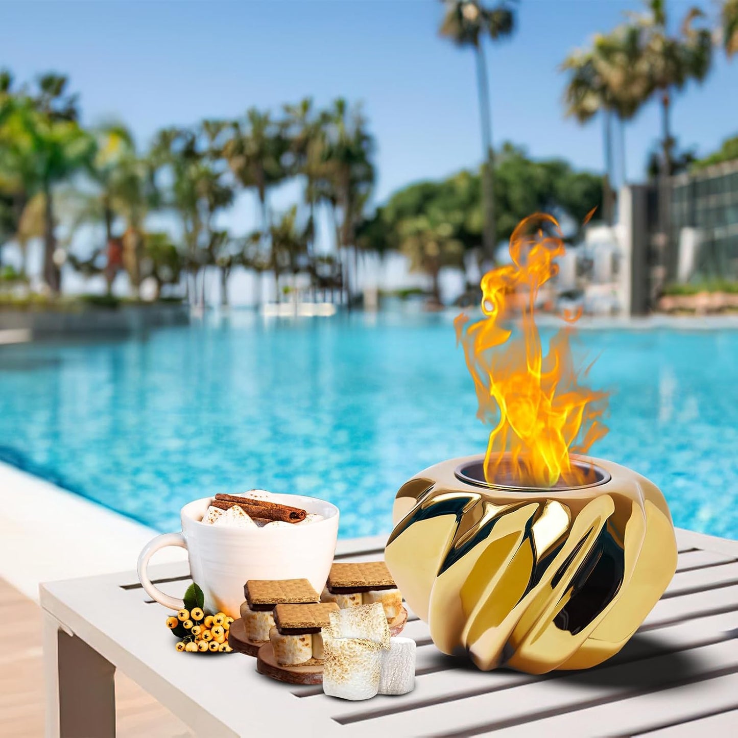 Compact Golden Tabletop Fire Pit - Perfect for Indoor & Outdoor Decor, Smoke-Free & Portable