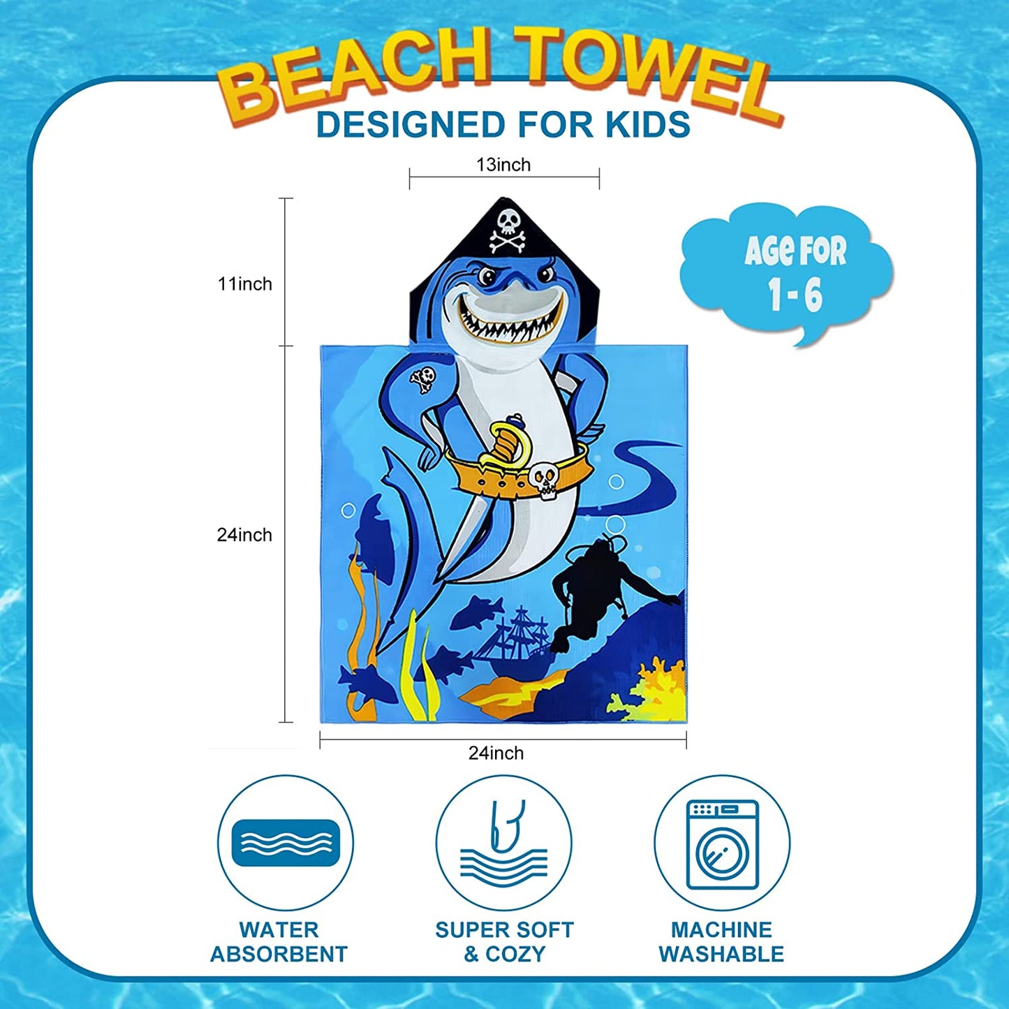 Kids 1-6 Years Hooded Pirate Shark Microfiber Beach/Swim/Pool/Bath Towel