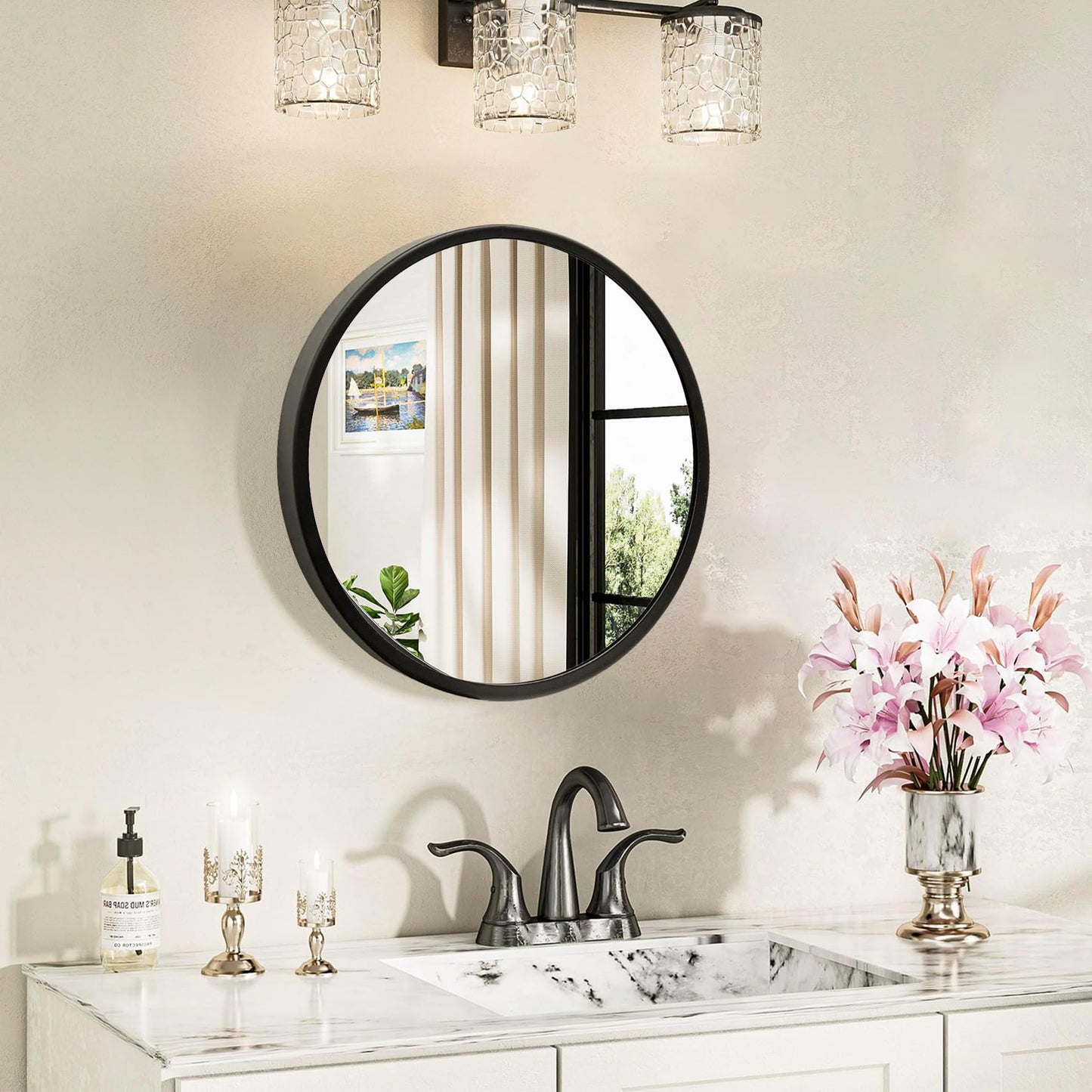 12 in (30 cm) Round Wall Mirror, Matte Black Metal Frame Circle Vanity Mirror, HD 4mm Anti-Distortion Glass, Mounting Hardware Included, Multi-Room Decor