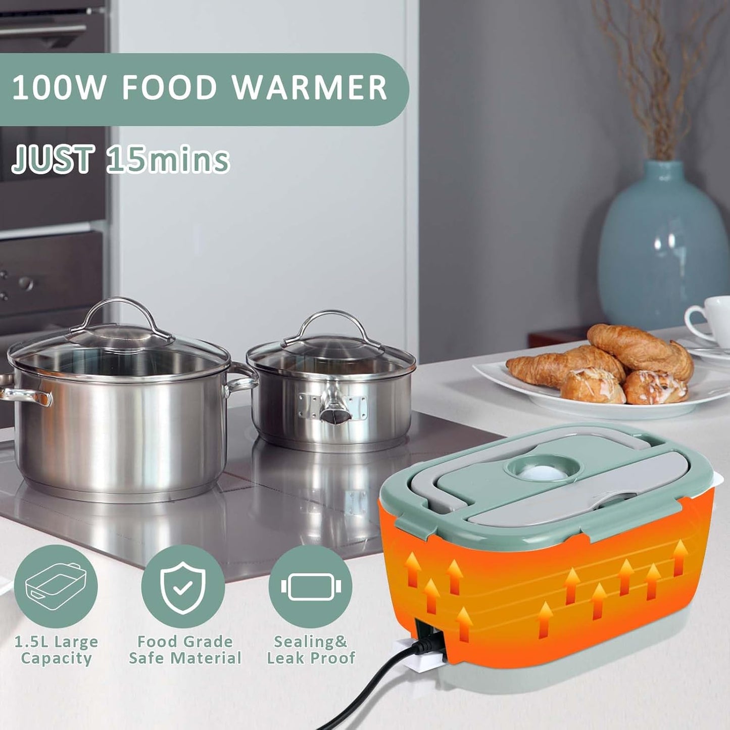 Heated Lunch Box with Fast 100W Heating, Portable for Cars, Trucks & Office - Green
