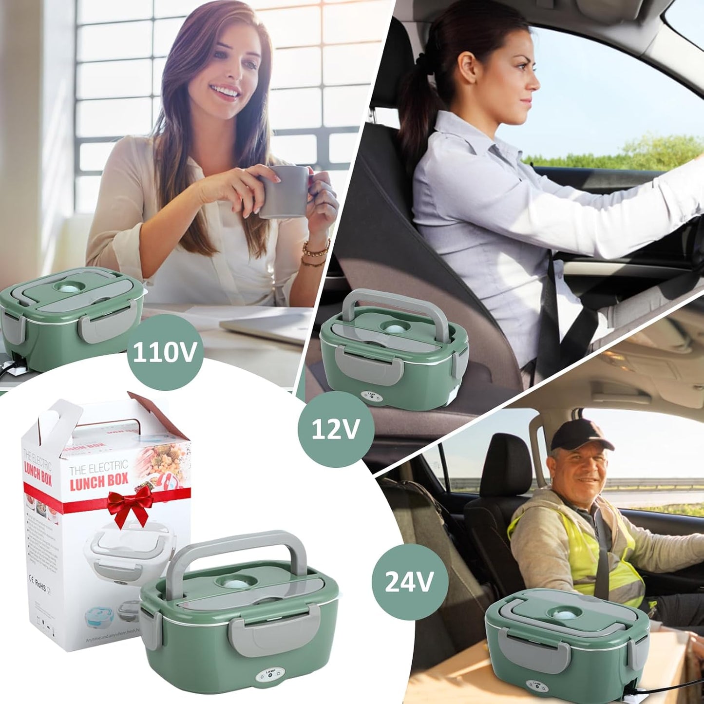 Heated Lunch Box with Fast 100W Heating, Portable for Cars, Trucks & Office - Green