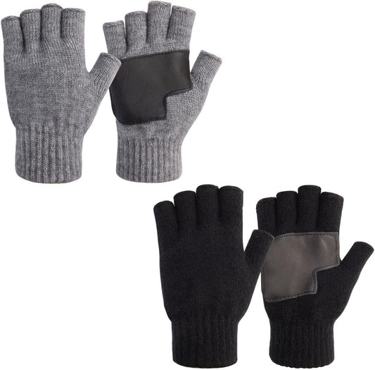 Warm Knit Fingerless Gloves for Men with Leather Grip - 2 Sets 1 Black & 1 Grey