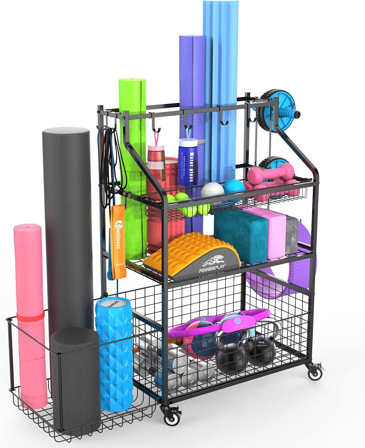 Maximize Your Workout Space with Durable Gym Storage Rack - Holds Dumbbells, Kettlebells, Yoga Mats, and More with Wheels for Easy Mobility