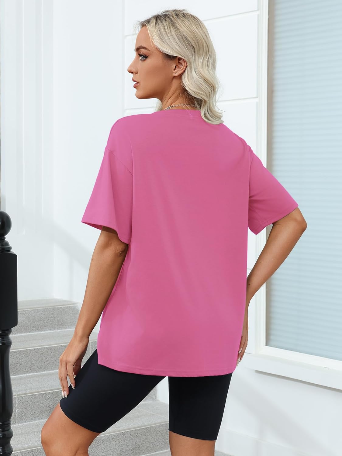 Pink Medium Women's Oversized T-shirt, Short Sleeve Loose Fit Casual Top, Summer Blouse