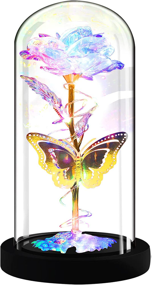 7.9" Decorative Glass Covered Light-Up Eternal Glass Rose w/ Gold Foil Butterfly