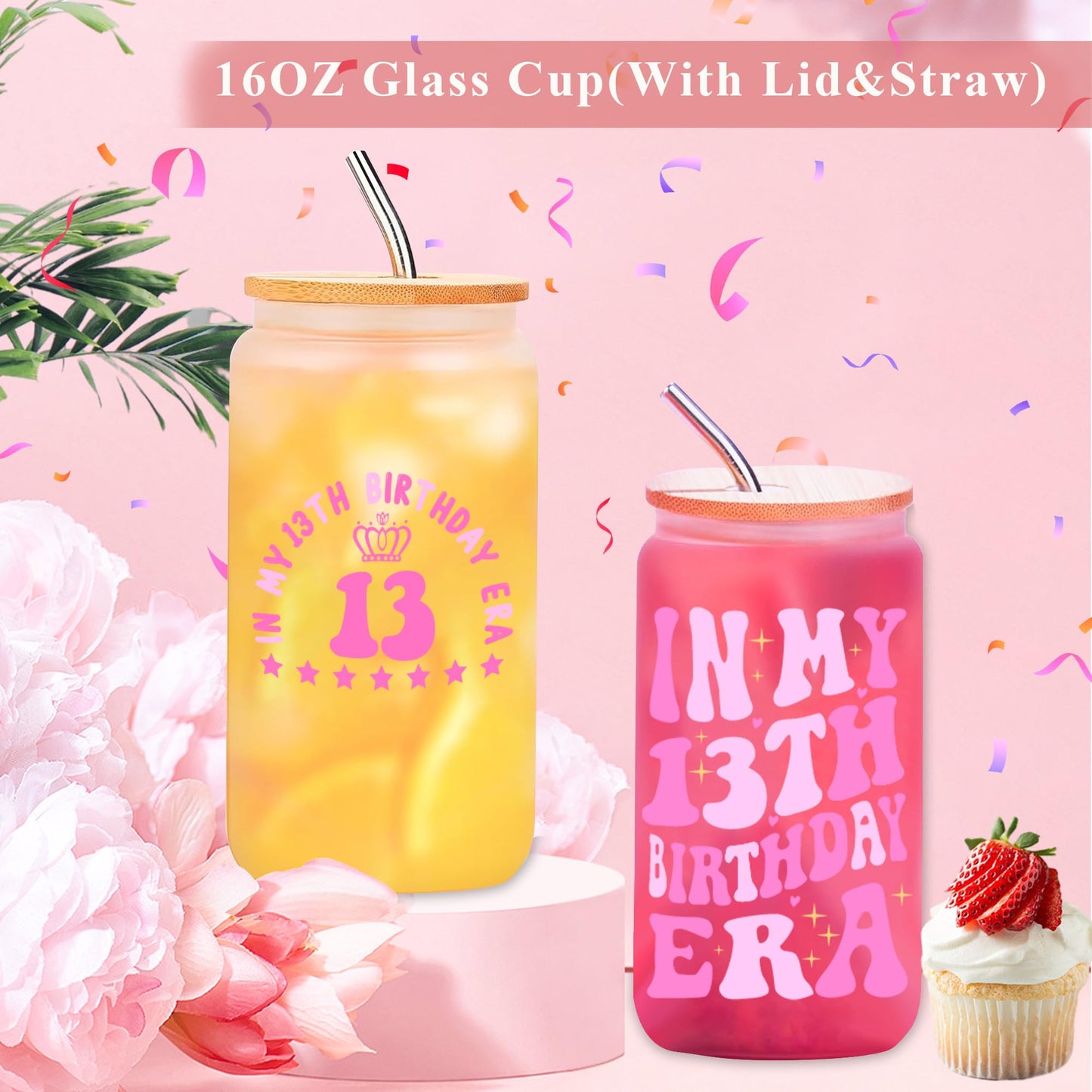 13th Birthday Gift Box for Girls, 11-Piece Sweet 13 Set with 16 oz Tumbler, Candle, Bath Bomb, Socks, Jewelry, Makeup Bag & Card (M, 13th)