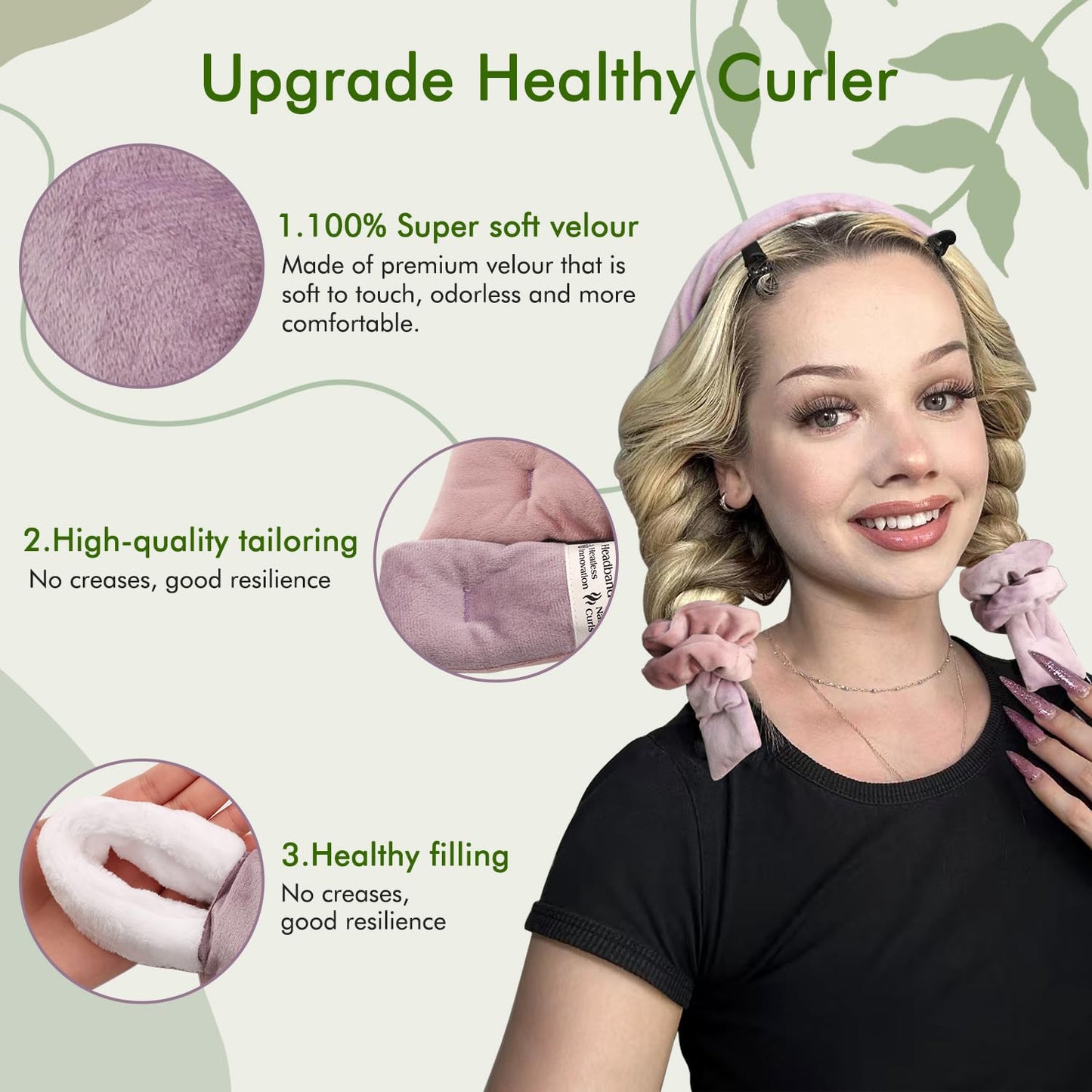 Heatless Hair Curler Set - Soft Velour No Heat Curling Headband for Long and Medium Hair, Includes Accessories (Purple)