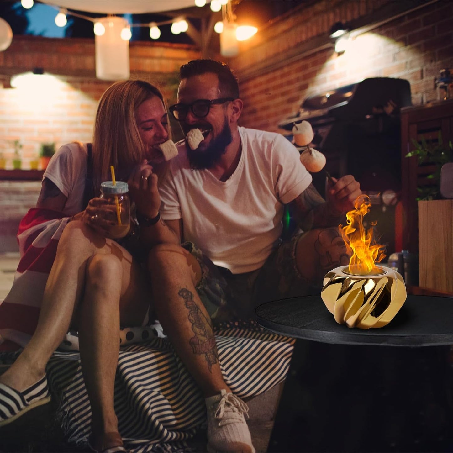 Compact Golden Tabletop Fire Pit - Perfect for Indoor & Outdoor Decor, Smoke-Free & Portable