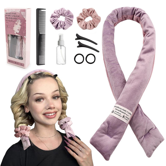 Heatless Hair Curler Set - Soft Velour No Heat Curling Headband for Long and Medium Hair, Includes Accessories (Purple)