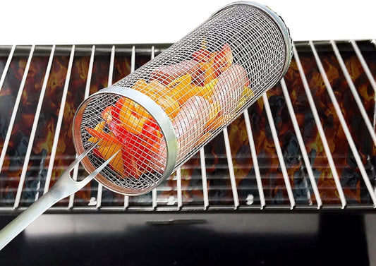 Versatile and Durable Stainless Steel Rolling Grill Basket for Fish, Meat, and Vegetables - Perfect for BBQ Lovers and Outdoor Cooking Enthusiasts