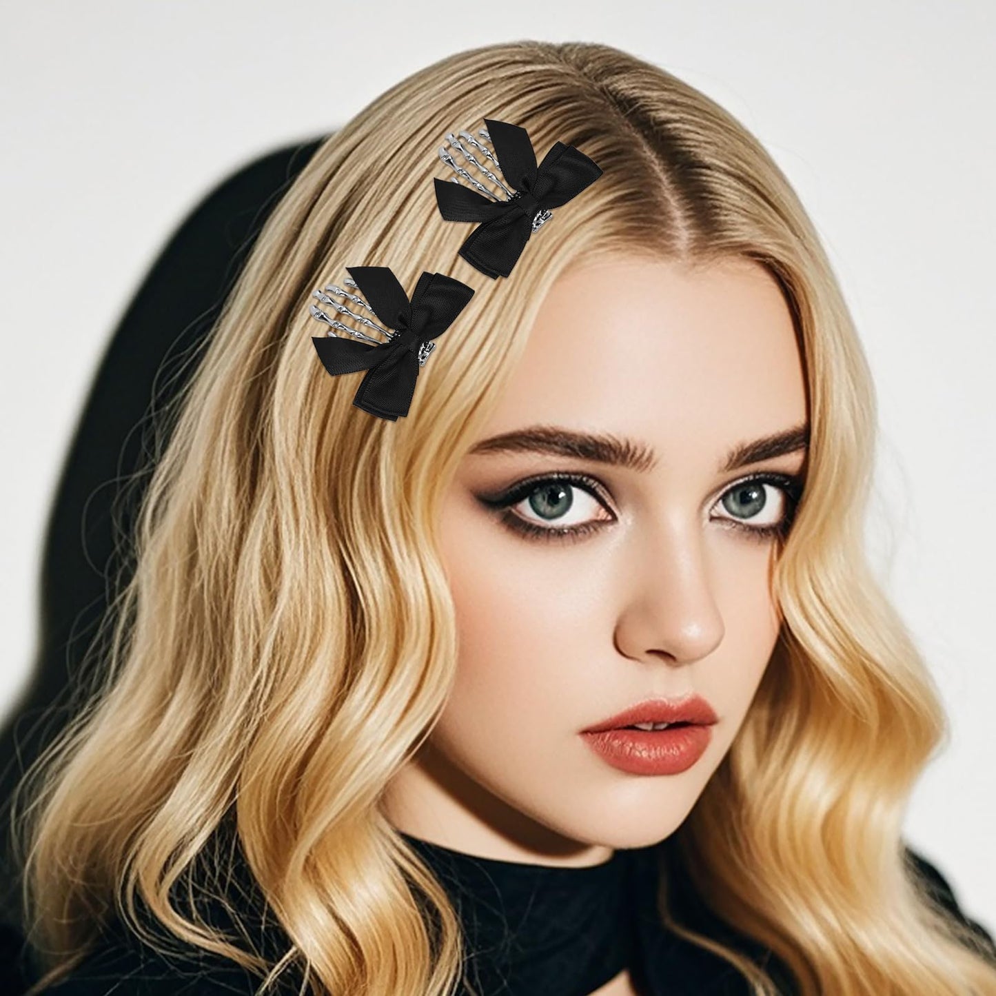 2 Pcs Black Skeleton Hand Hair Clips with Butterfly Design, Goth Halloween Accessories