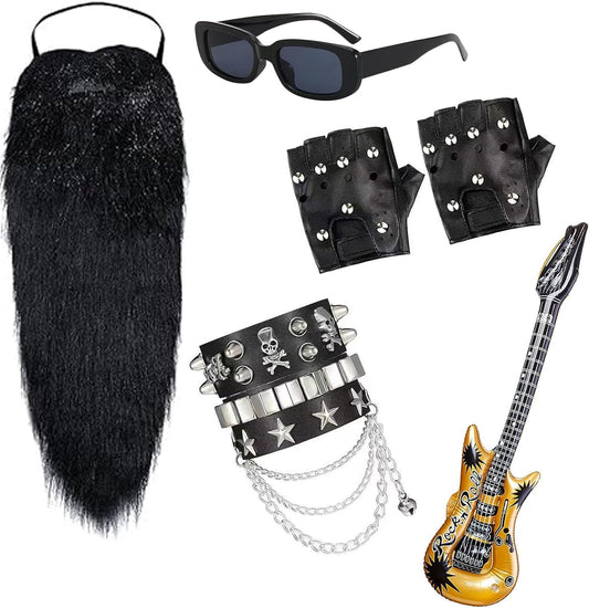 Ultimate Rock Rapper Disco Cosplay Kit: Beard, Sunglasses, Gloves, Guitar & Chain