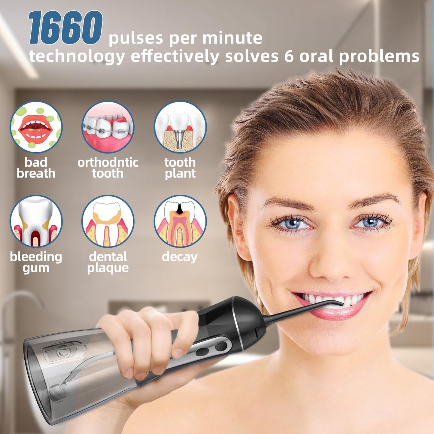 Portable Cordless Water Dental Flosser, 320ML Rechargeable Oral Irrigator, IPX7 Waterproof Teeth Cleaner with 5 Nozzles - Black