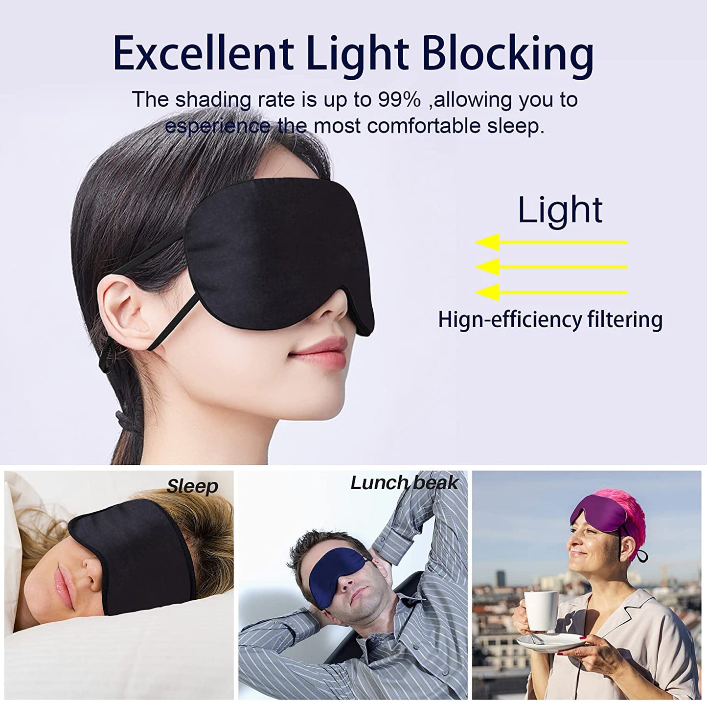 3pk (Black/Purple/Blue) Sleeping Mask/Eye Mask w/ Adjustable Ear Straps