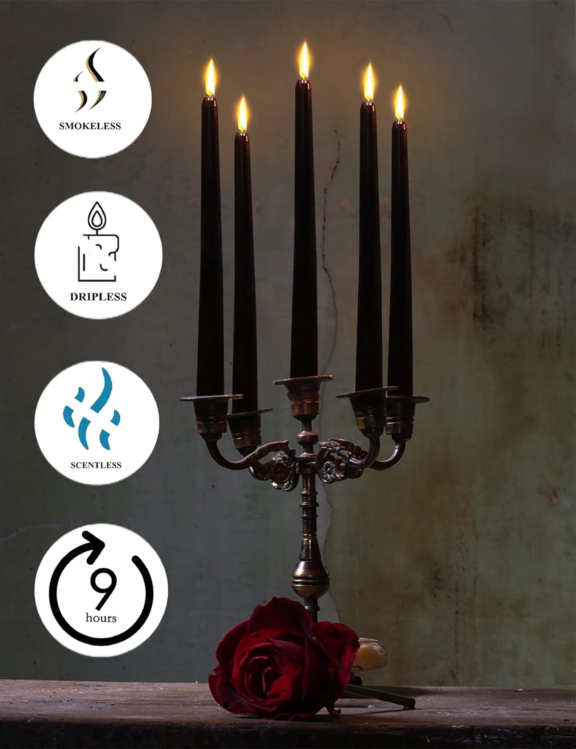Elegant Metal Style Black Taper Candlesticks - 4 Pack, Dripless 10" Candles