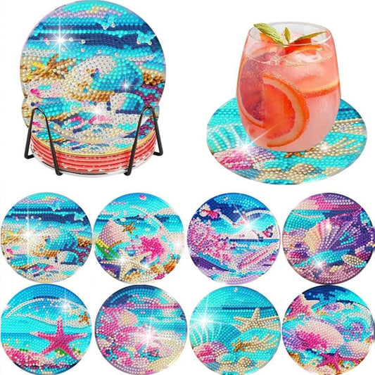 8pk Beach Shell Landscape Diamond Painting Coasters Beginners Kit w/ Holder