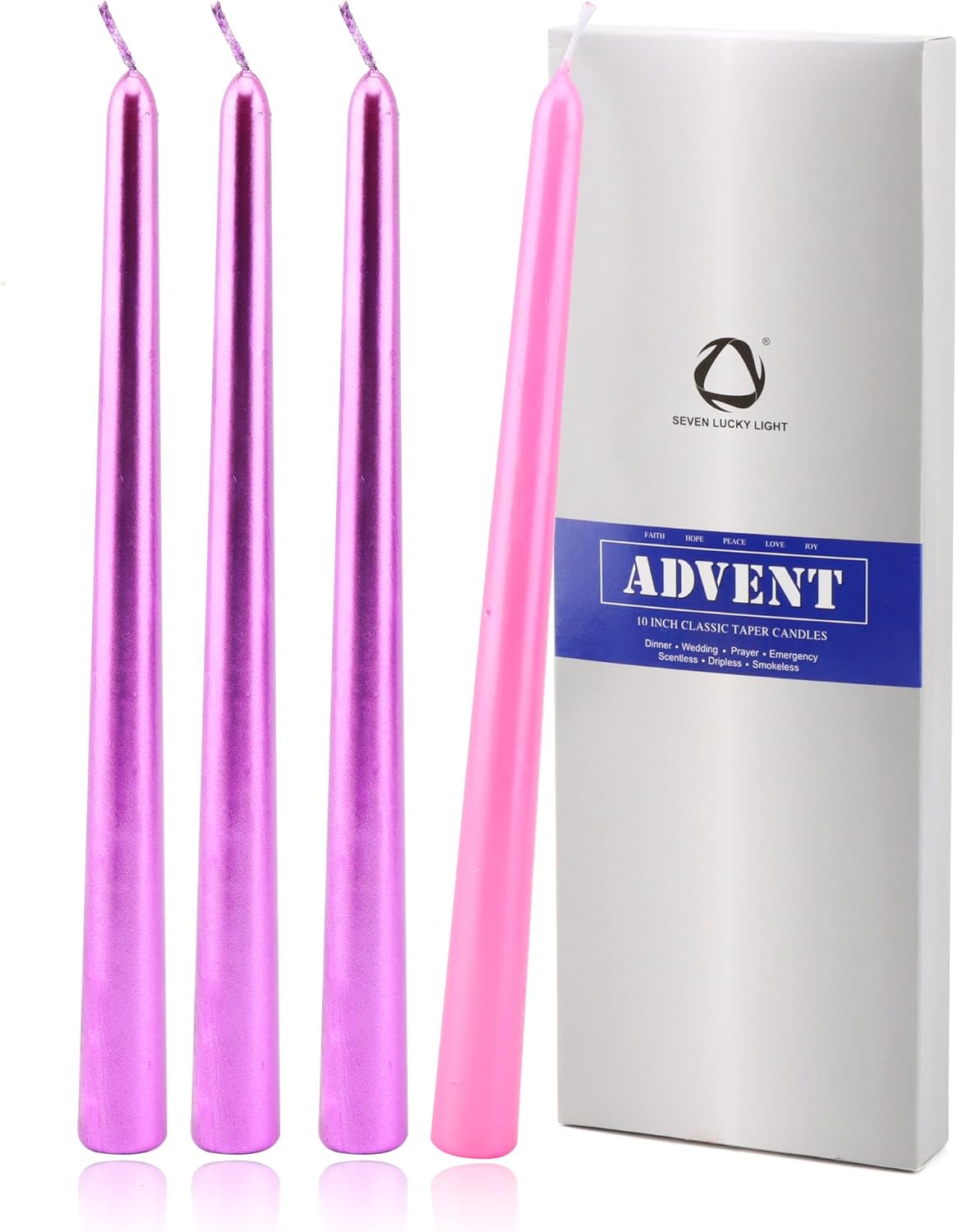 Set of 4 Dripless Taper Candlesticks - 3 Metallic Purple & 1 Pink, 10 Inches, Clean & Smokeless Burn for 9 Hours