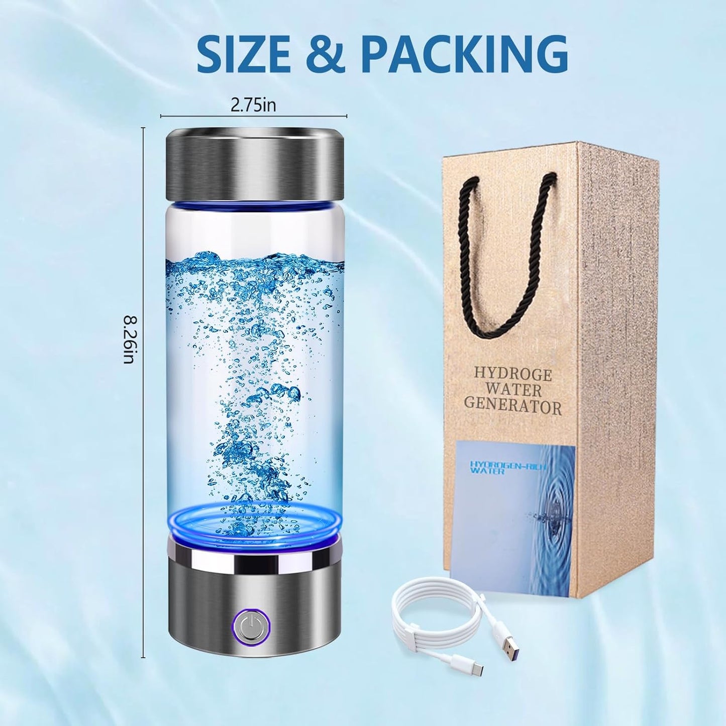 Hydrogen Water Bottle Generator with SPE/PEM Tech for Home, Office, and Travel