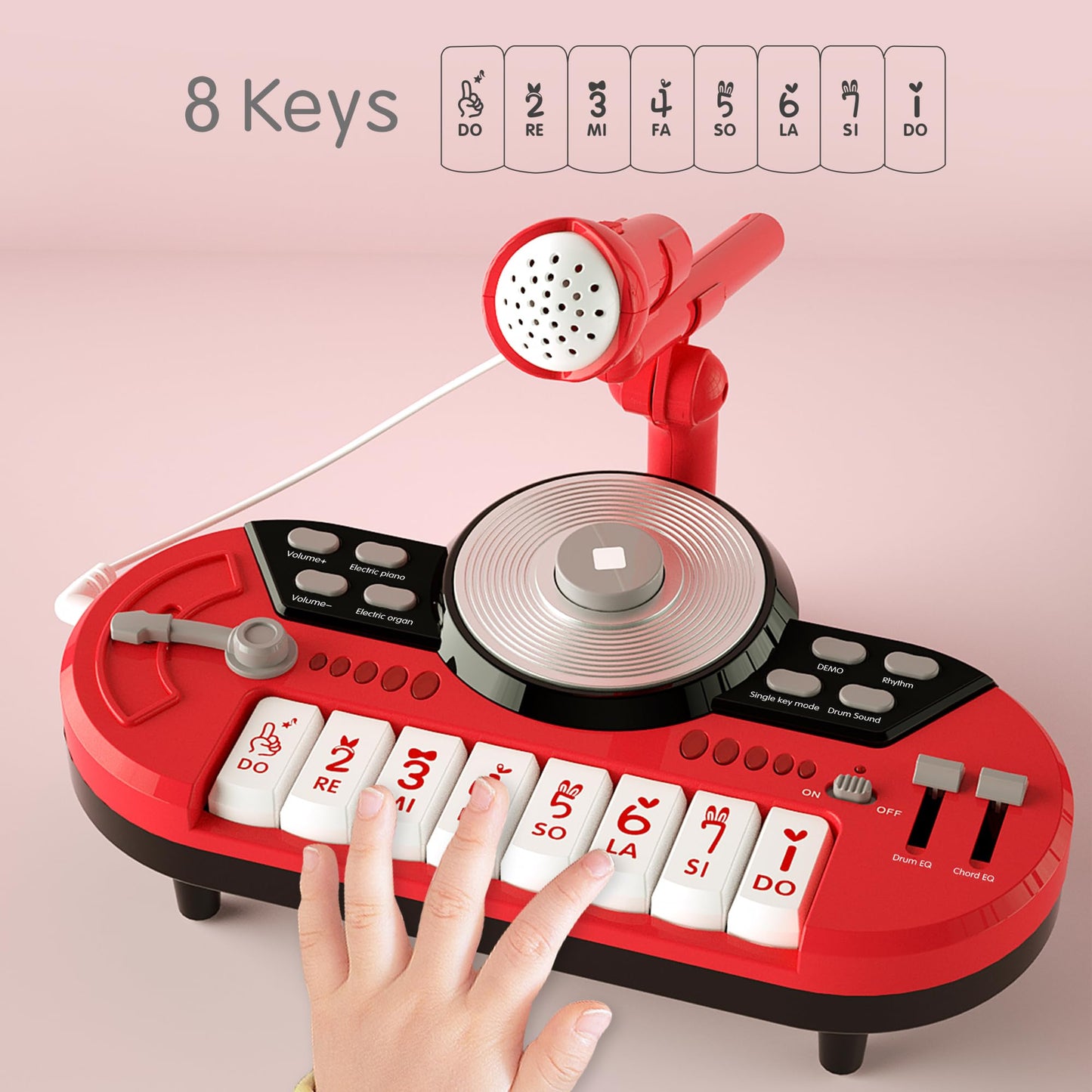 Girls DJ Mixer Piano Toy with Microphone – 8-Key Keyboard, Drum Sounds, Rhythms, Lights, MP3/Phone Input – Musical Instrument for Toddlers Ages 1–3