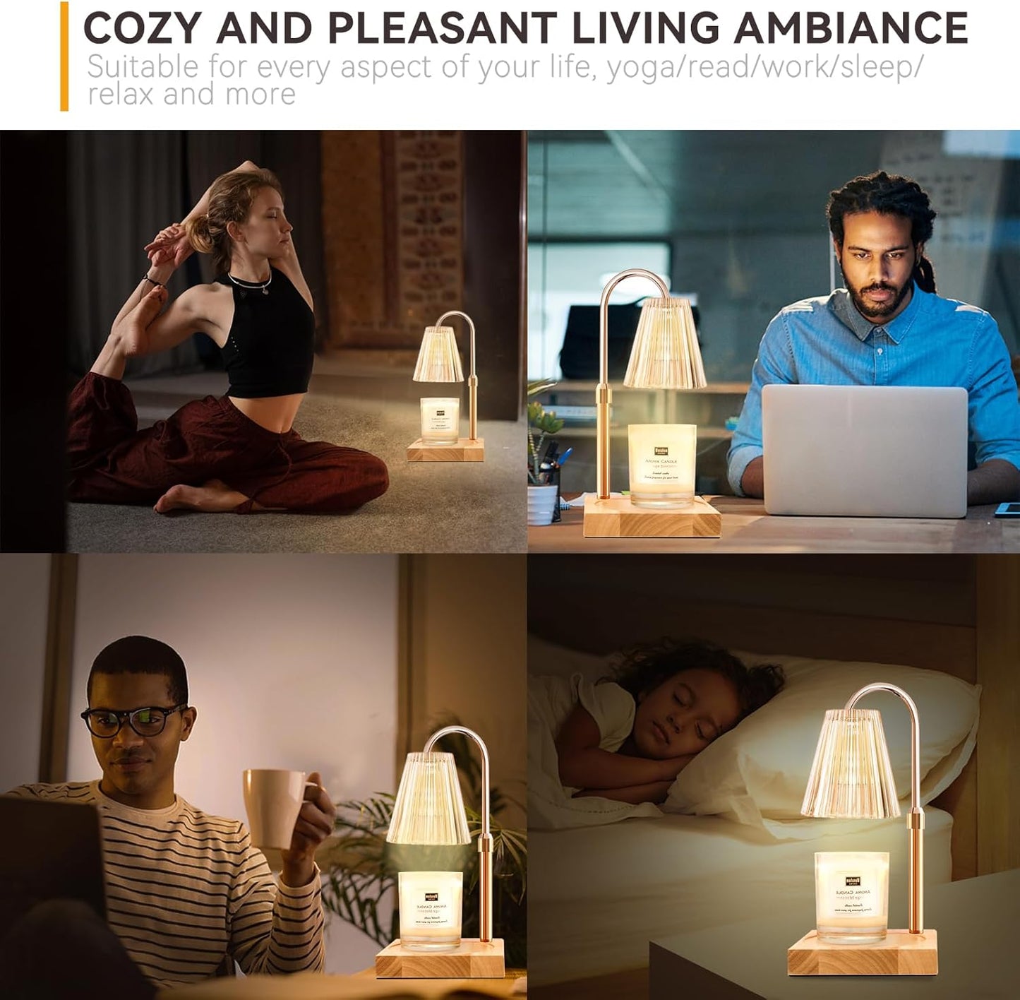 Candle Warmer Lamp with Timer, Adjustable Height & Brightness, Natural Wood Base