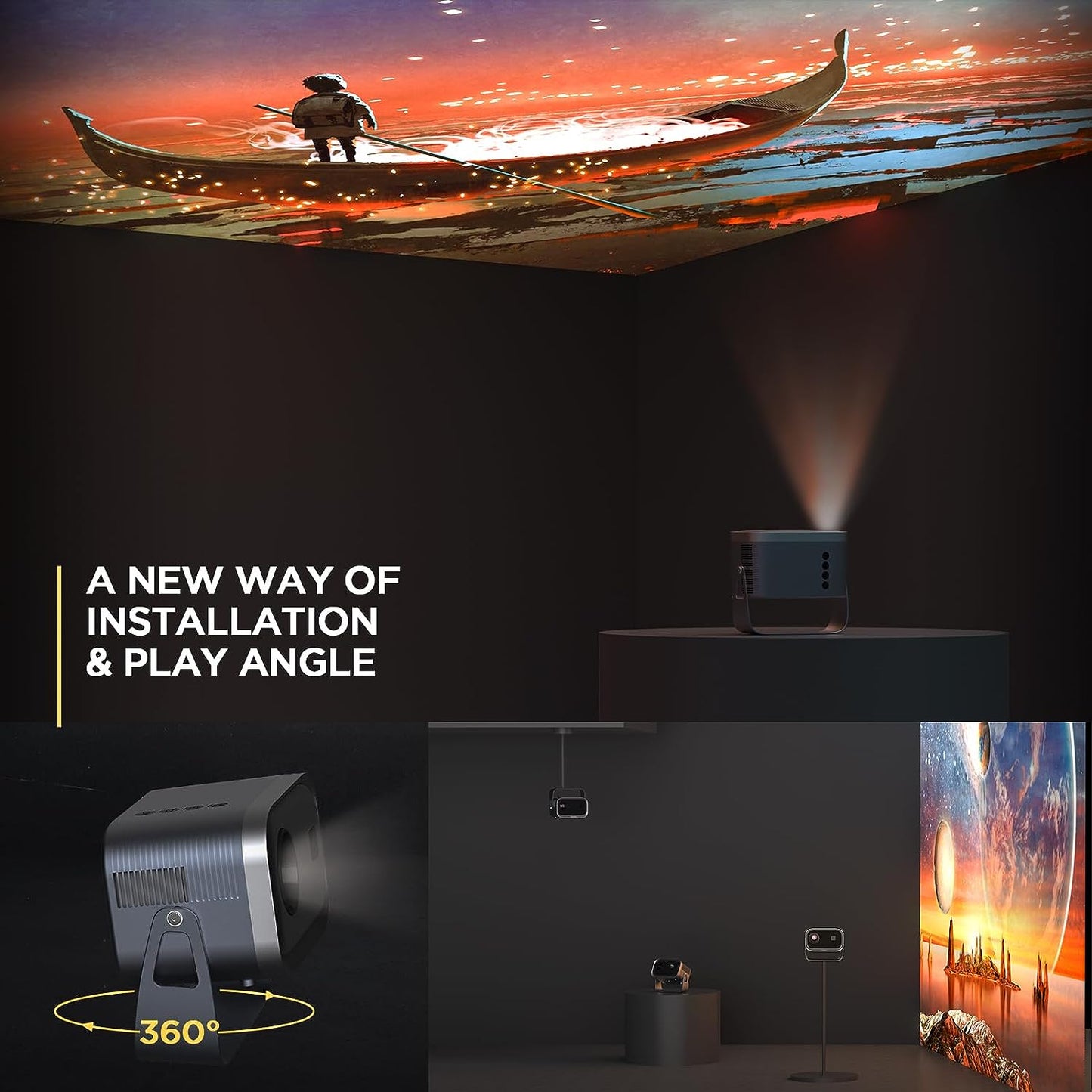 Compact 1080P WiFi and Bluetooth Ceiling Projector VB6 Pro with Electric Focus