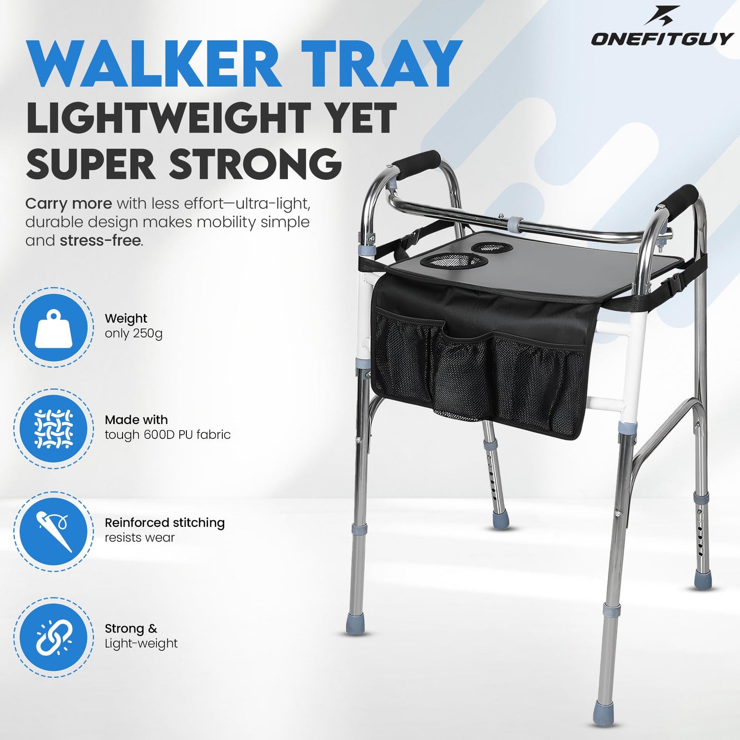 Walker Tray with Cup Holder and Storage Pouch for Folding Walkers - Black
