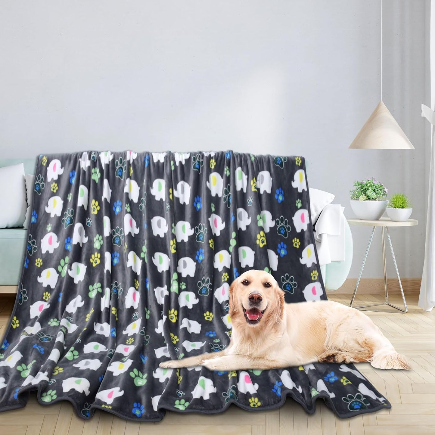 Premium Dog Blanket for Large Dogs, Flannel Elephant & Paw Print, 60x50" - Pet Comfort