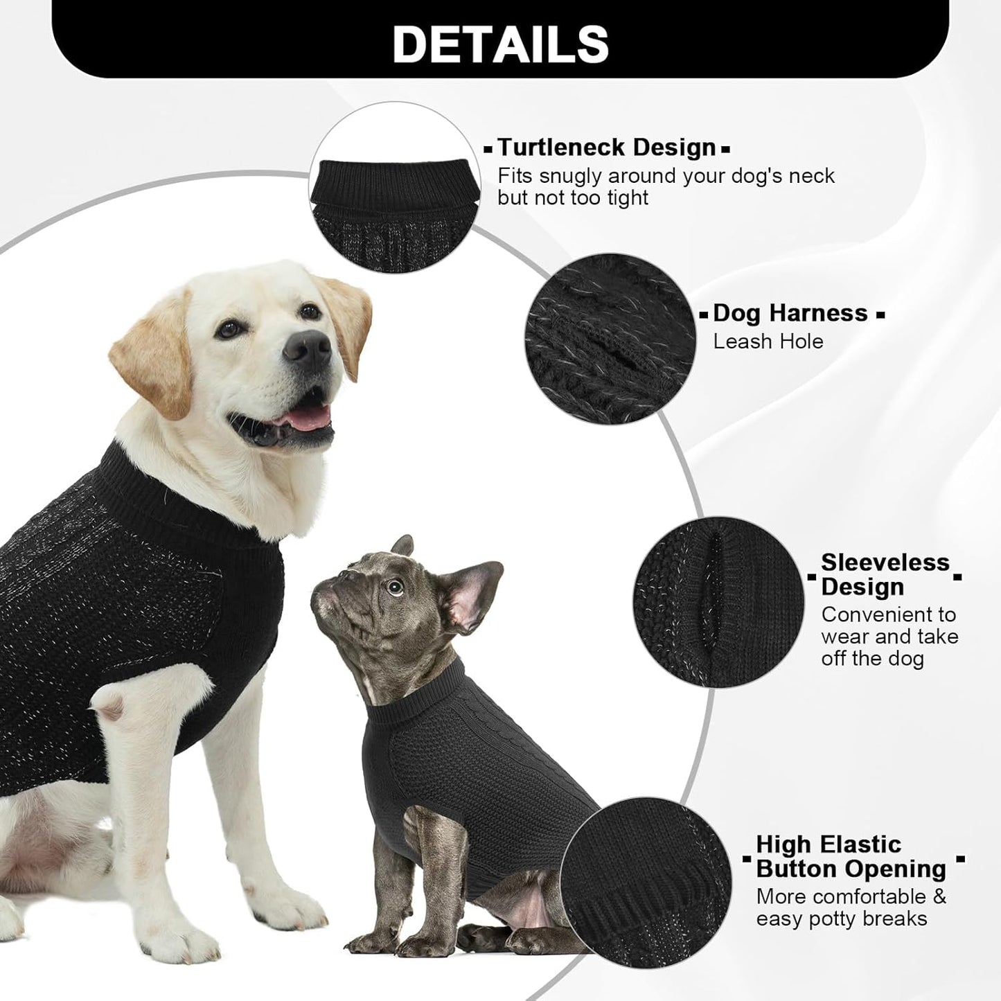 Reflective Black Cable Knit Dog Sweaters, XS Size - Ideal for Night Safety & Cold Weather Comfort