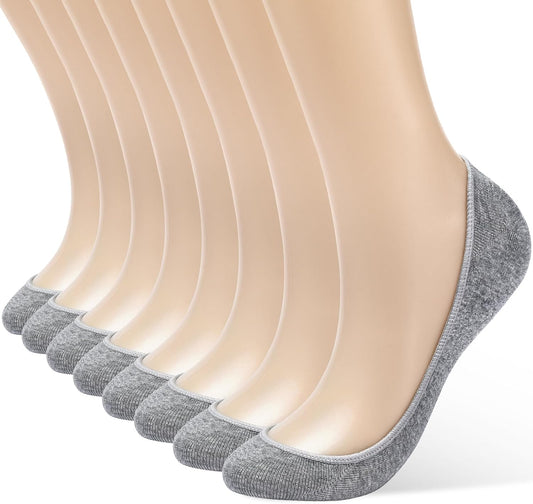 8 Pairs Women's No Show Socks - Ultra Low Cut, Non-Slip Silicone Grip, Invisible Liner for Flats and Boat Shoes, US Sizes 9-11, Gray
