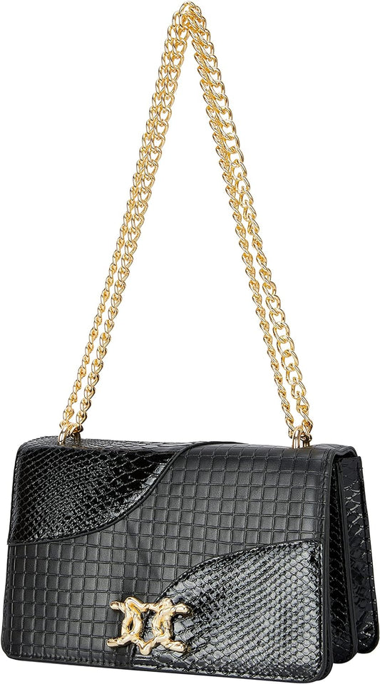 Elegant Black Snake Print PU Leather Crossbody Bag with Gold Chain Strap