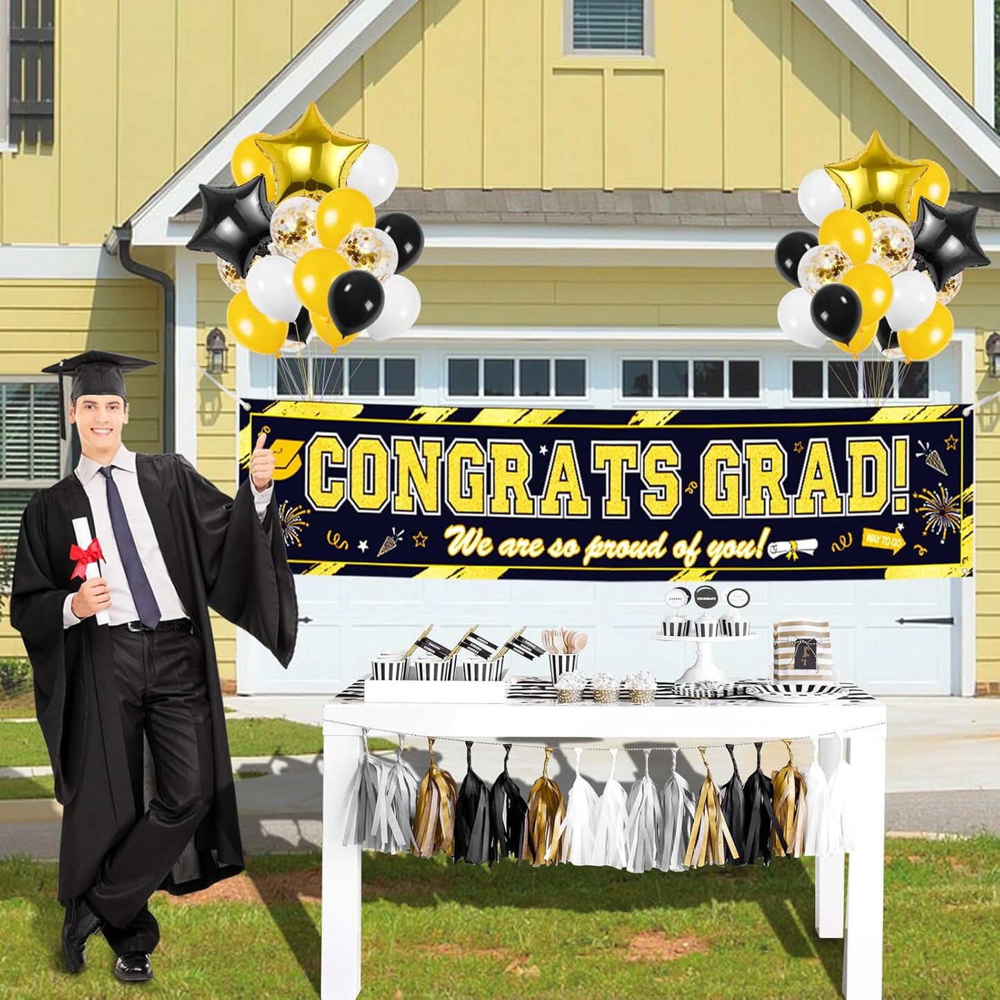 Graduation Yard Sign, Banner, & Balloons Set: Black and Gold Theme, 45 Pieces