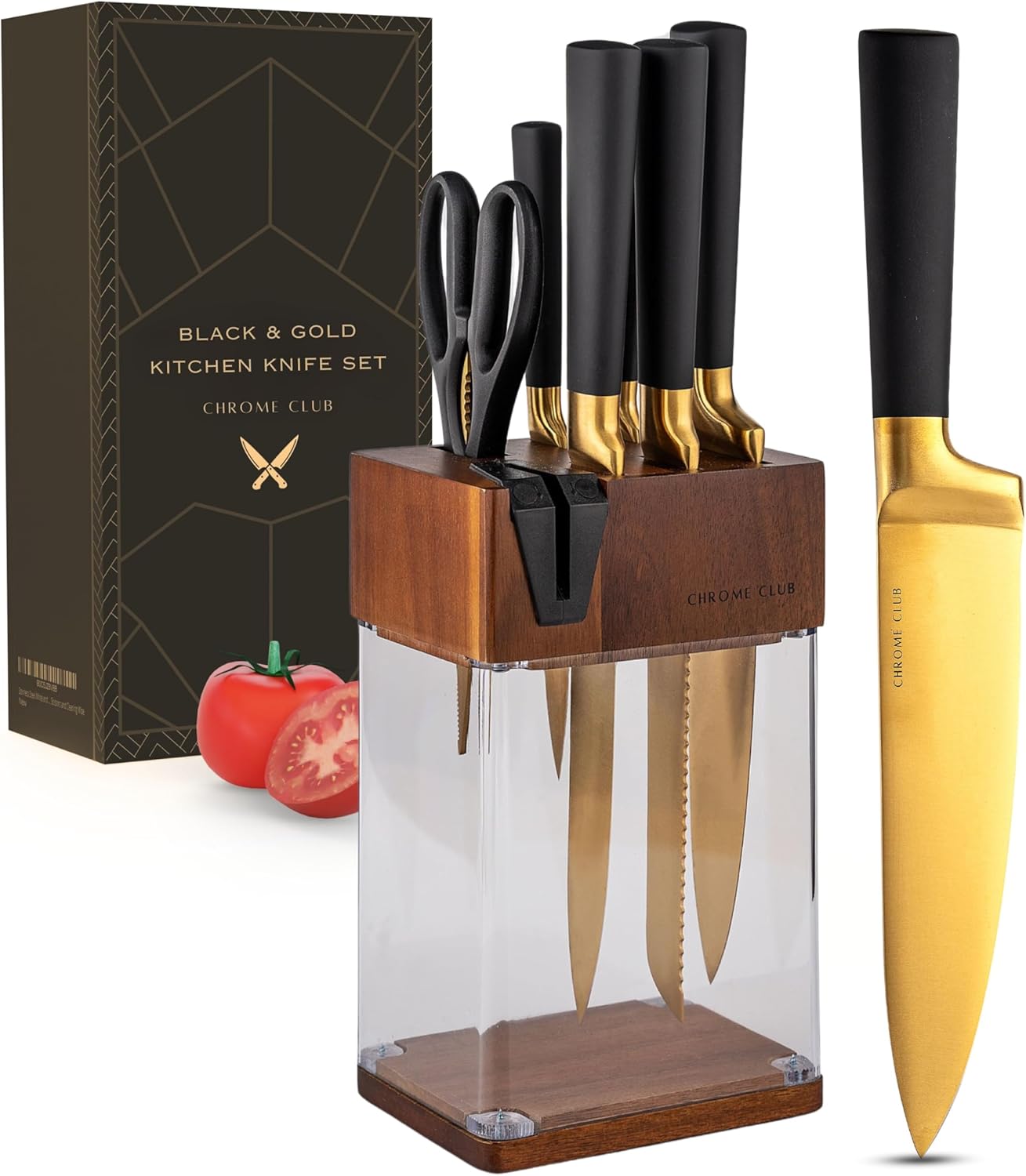 Black and Gold 7-Piece Knife Set with Clear Display Block and Sharpener
