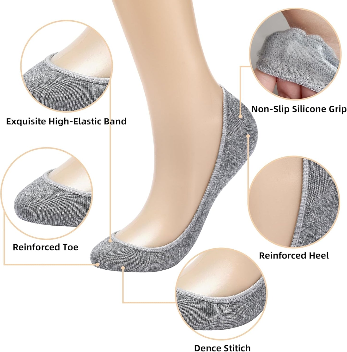 8 Pairs Women's No Show Socks - Ultra Low Cut, Non-Slip Silicone Grip, Invisible Liner for Flats and Boat Shoes, US Sizes 5-9, Gray
