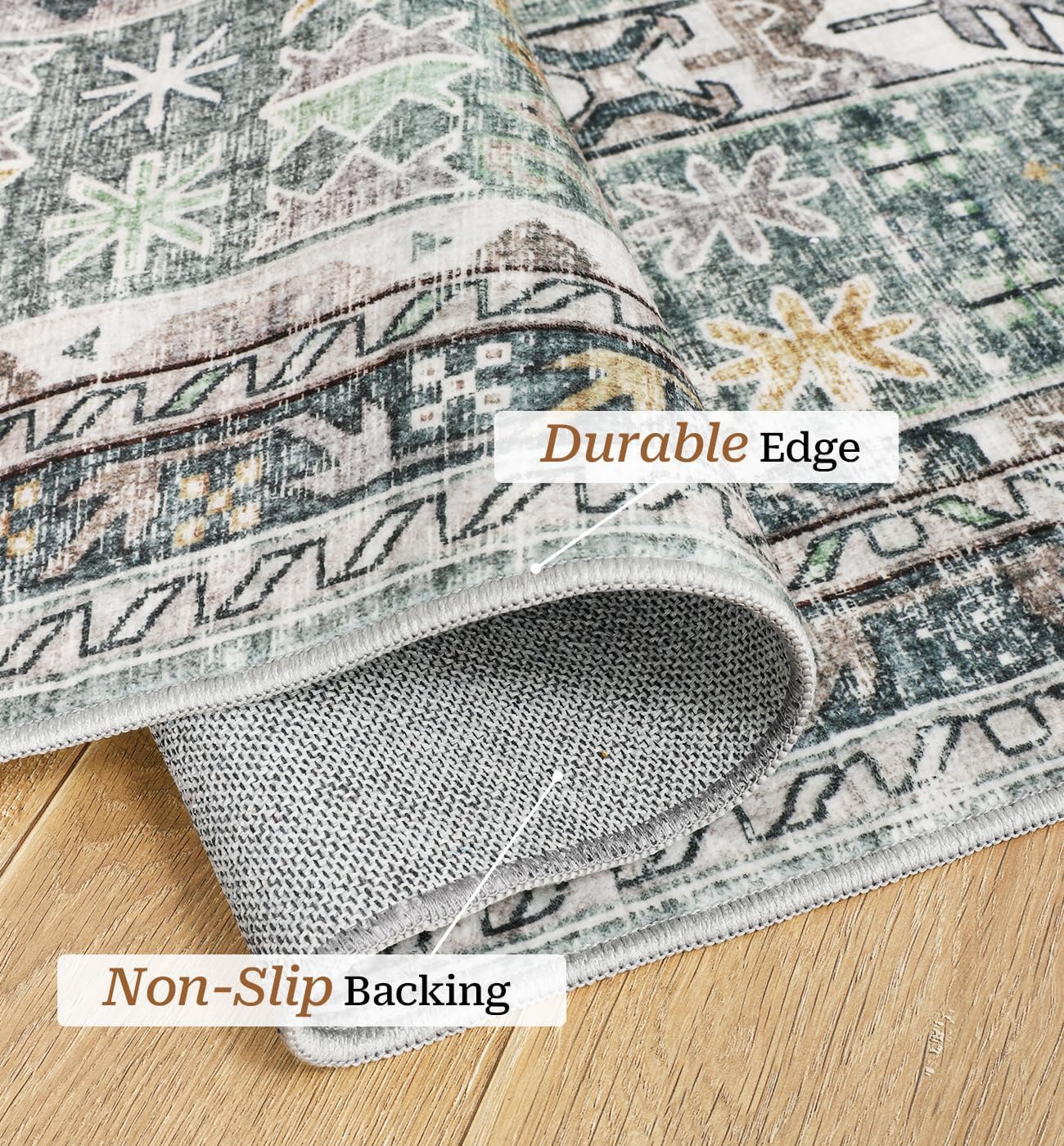 4x6 Non-Slip Washable Rug for Living Room & Bedroom, Stain Resistant & Lightweight (Green/Gold)