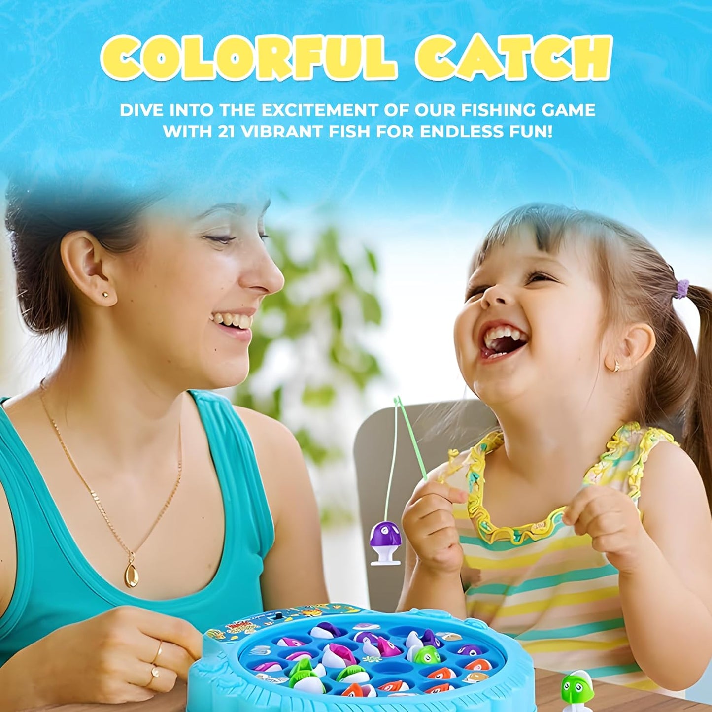 Family Fishing Game Set - 21 Fish, 4 Poles, Rotating Board - Ideal Toy for Kids 3+