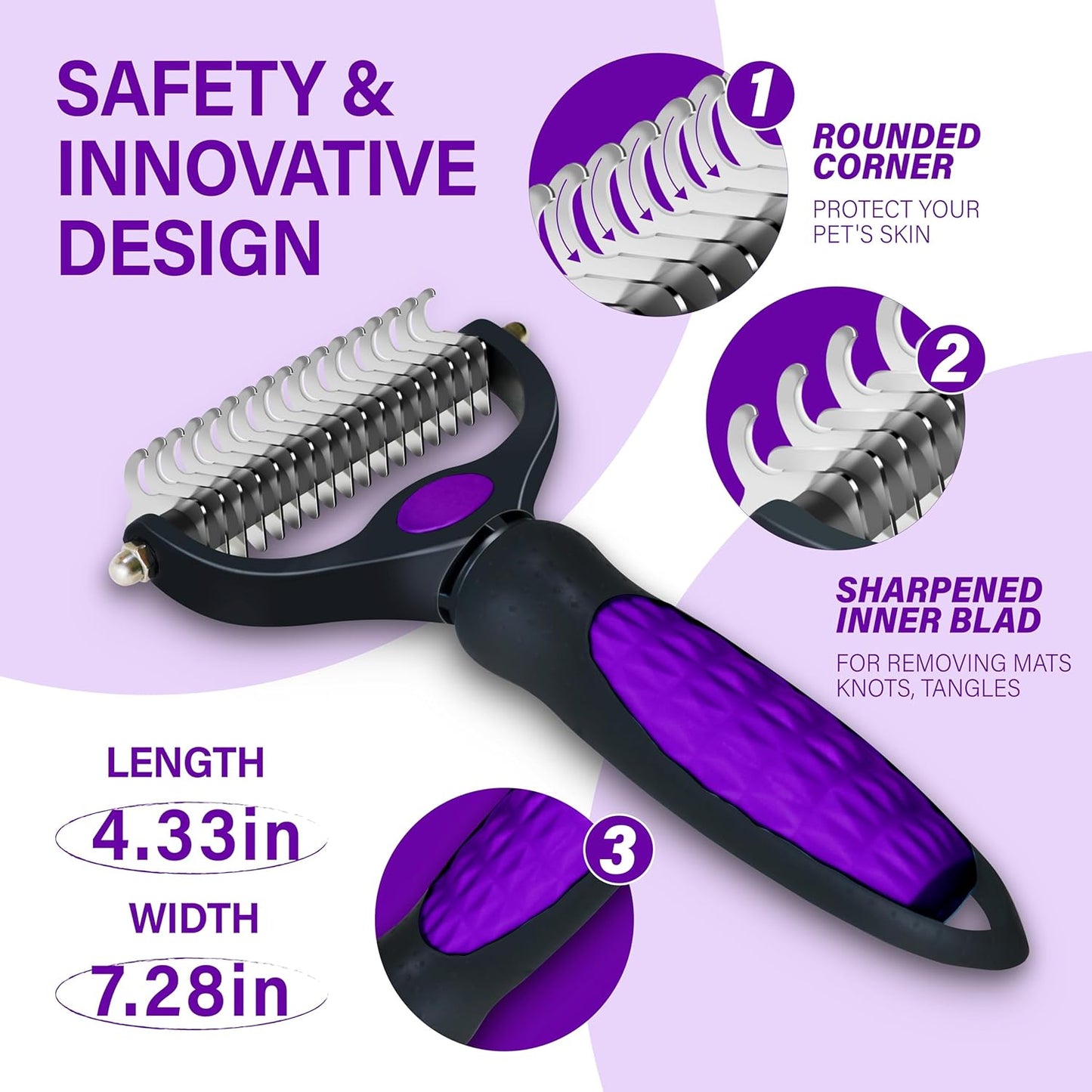 Purple Professional Pet Grooming Brush for Long-Haired Dogs & Cats, Double-Sided Stainless Steel