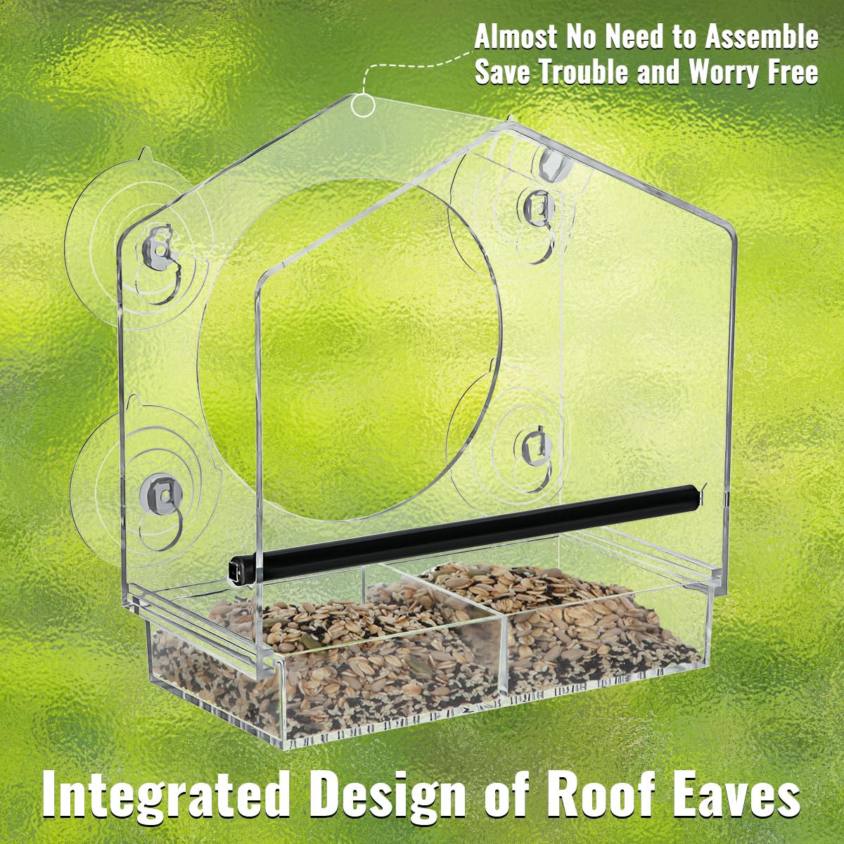 Clear Window Bird Feeder with Strong Suction Cups, Acrylic Viewing Feeder for Cats, Large Clear Window, Removable Sliding Seed Tray with Drainage, Easy to Clean and Refill