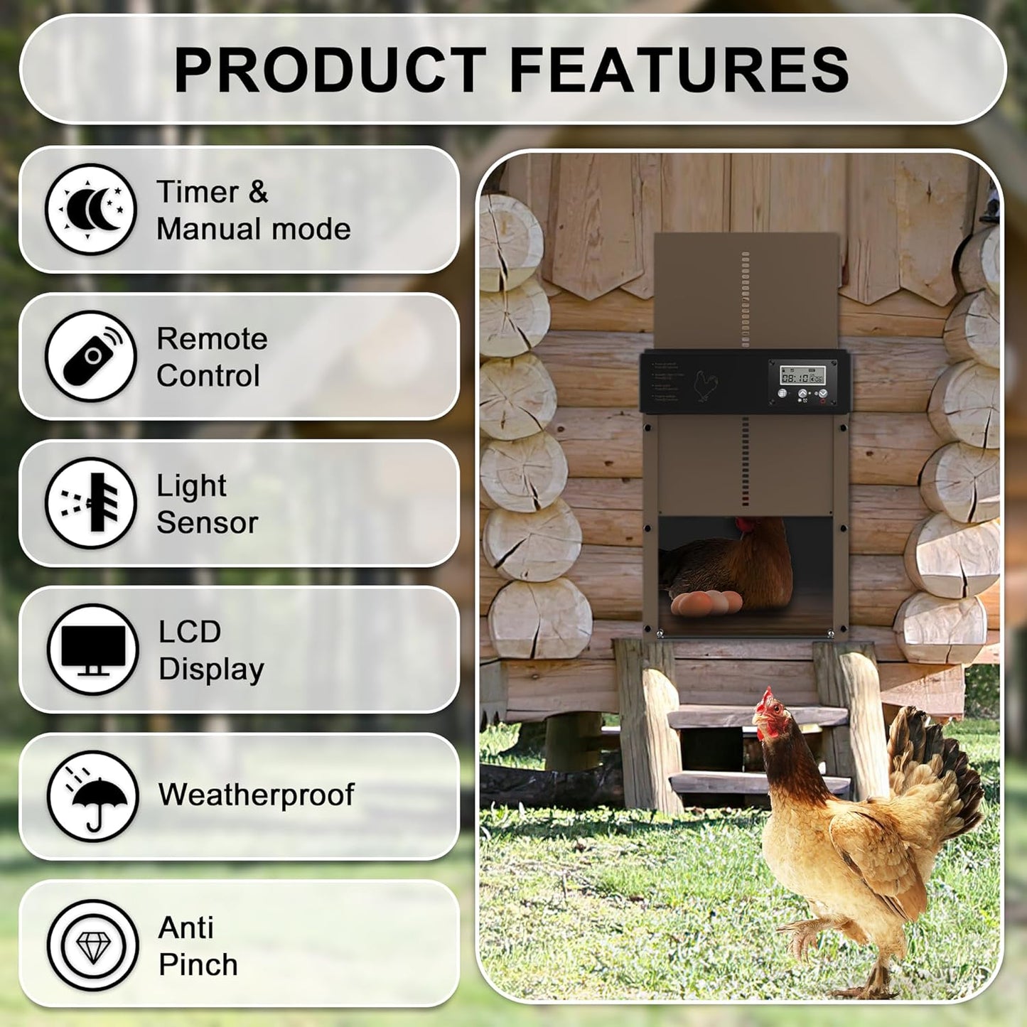 Automatic Chicken Coop Door with Timer, Light Sensor, and Remote Control – Maximum Security for Poultry