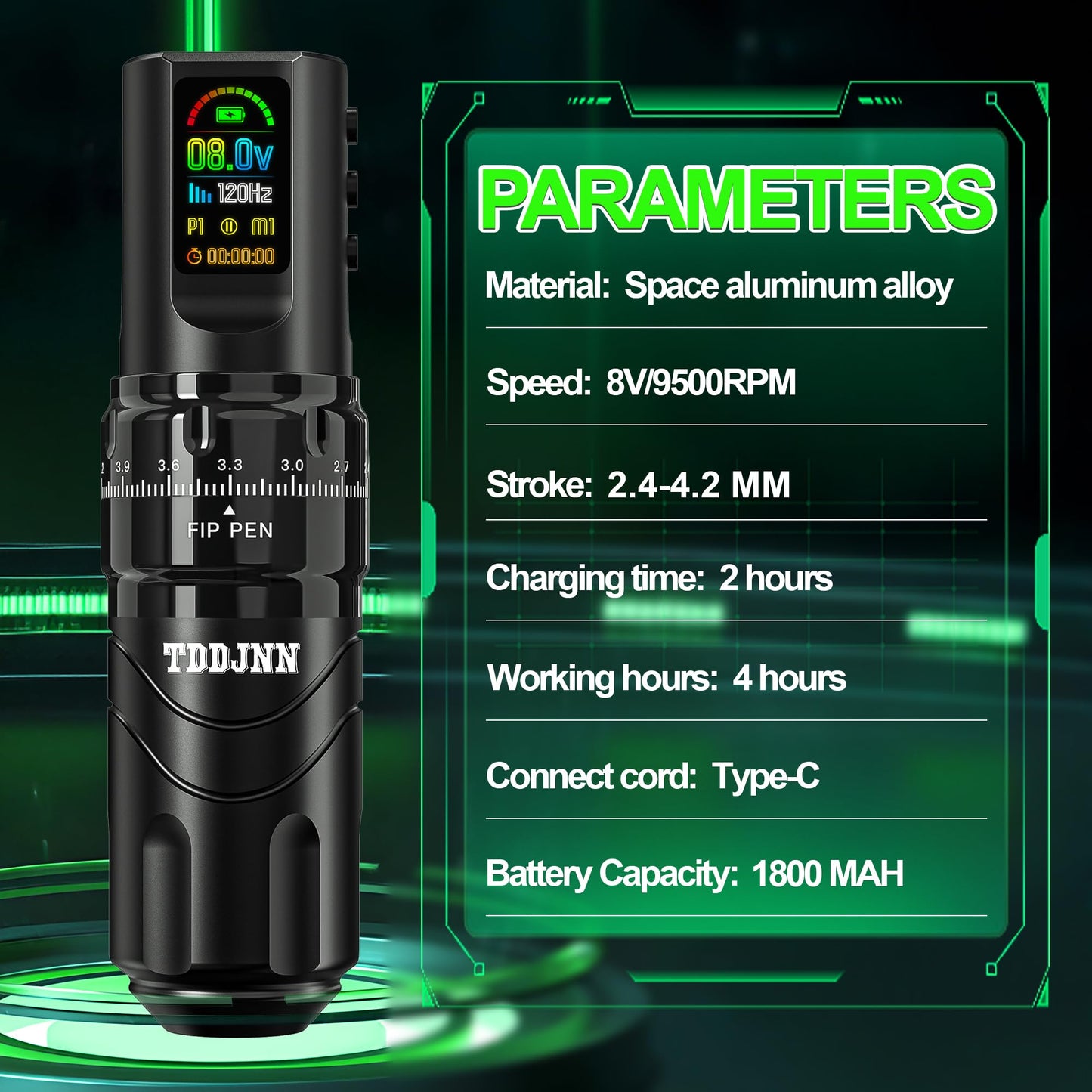 Professional Wireless Tattoo Gun Pen Kit with 1800mAh Battery, 7 Adjustable Stroke Lengths (2.4mm-4.2mm), and OLED Display