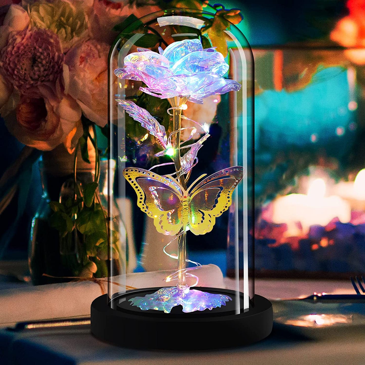 7.9" Decorative Glass Covered Light-Up Eternal Glass Rose w/ Gold Foil Butterfly