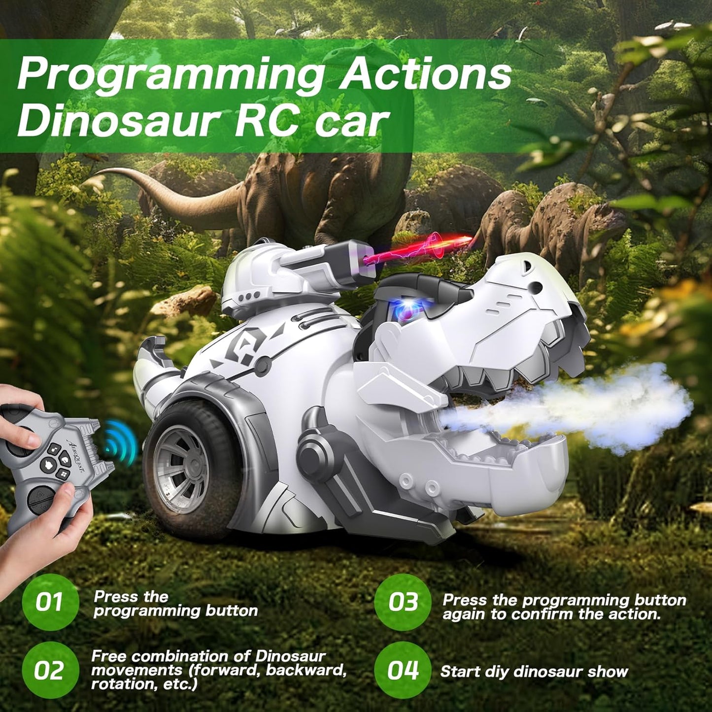 White Dinosaur Remote Control Car with Programmable Actions & Rechargeable Battery for Kids